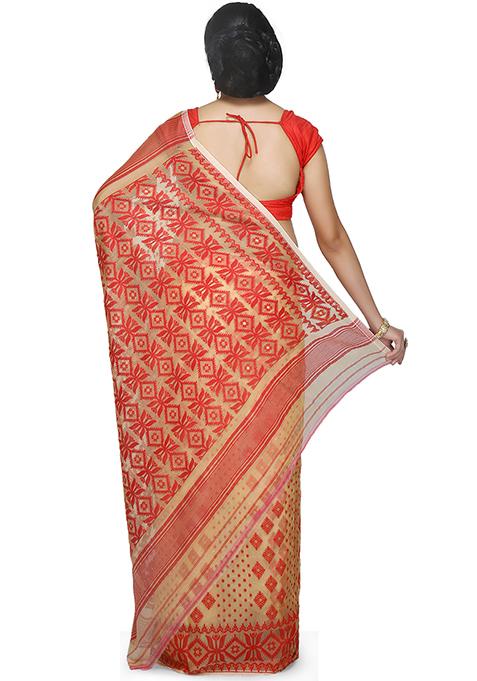 Beige Jamdani Art Silk Saree