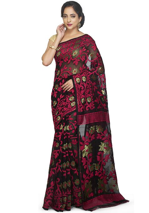 Black Jamdani Art Silk Saree