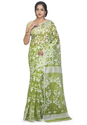 Deep Green Jamdani Art Silk Saree
