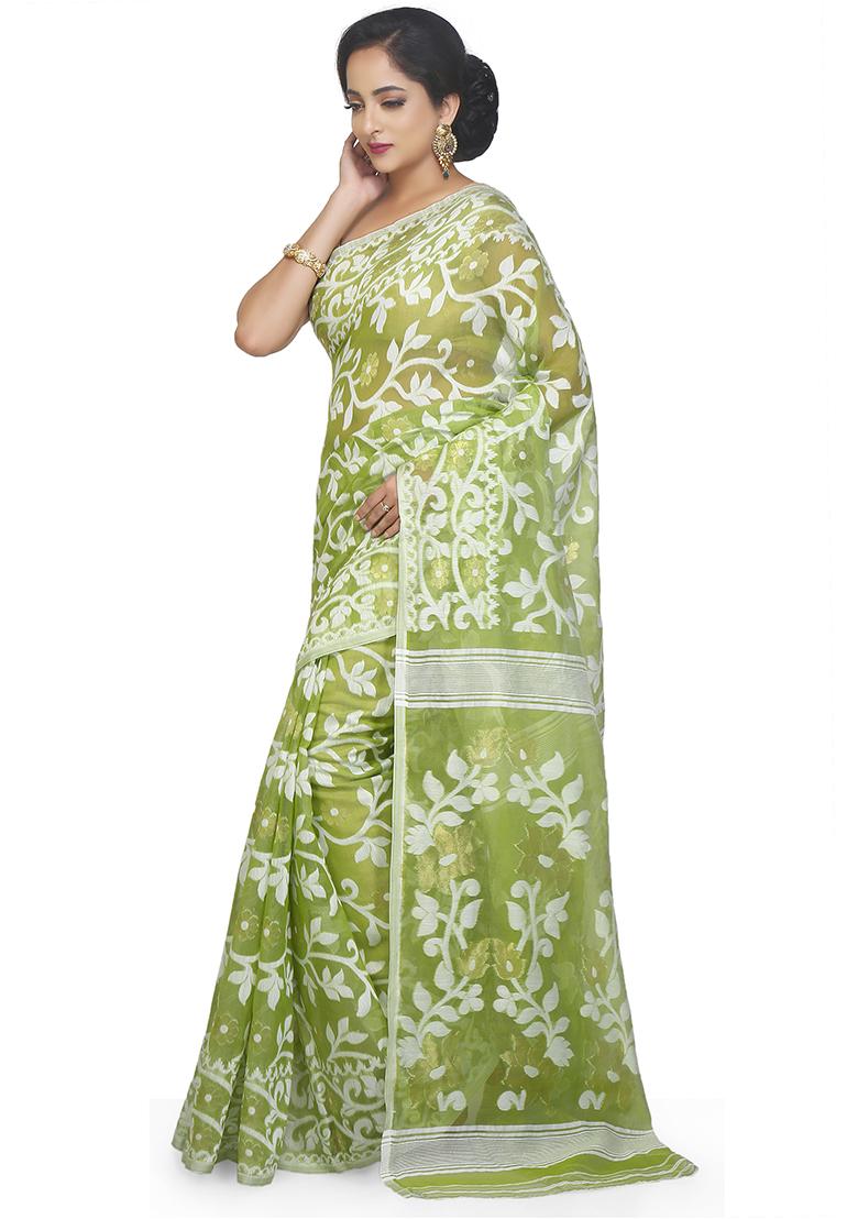 Deep Green Jamdani Art Silk Saree