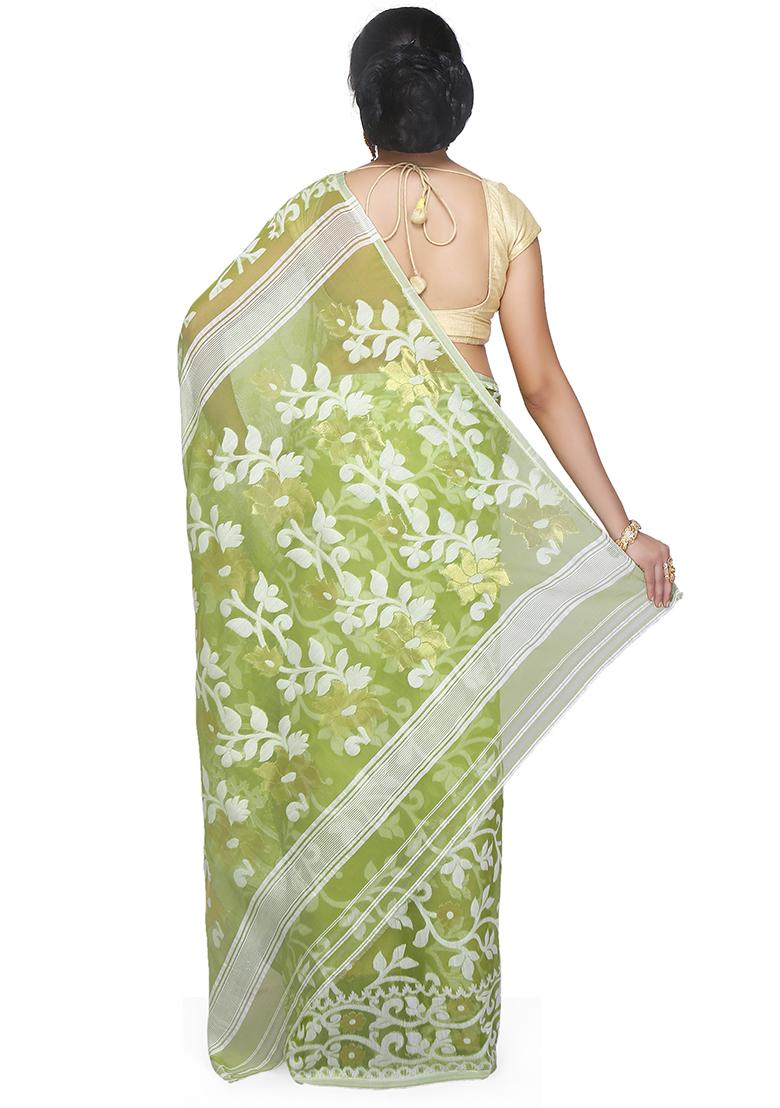 Deep Green Jamdani Art Silk Saree