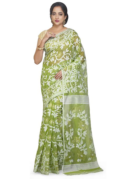 Deep Green Jamdani Art Silk Saree