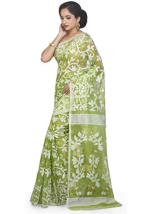 Deep Green Jamdani Art Silk Saree