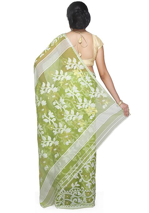 Deep Green Jamdani Art Silk Saree