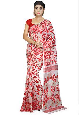 White Jamdani Art Silk Saree