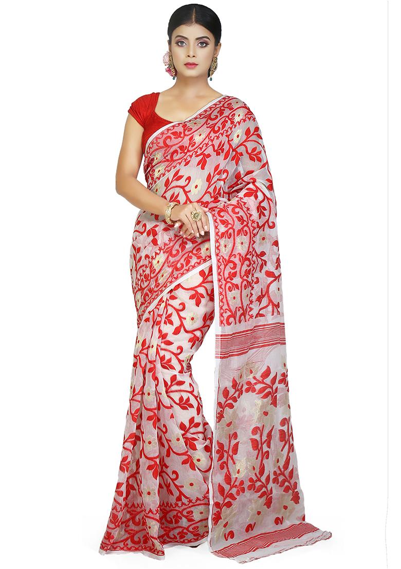 White Jamdani Art Silk Saree
