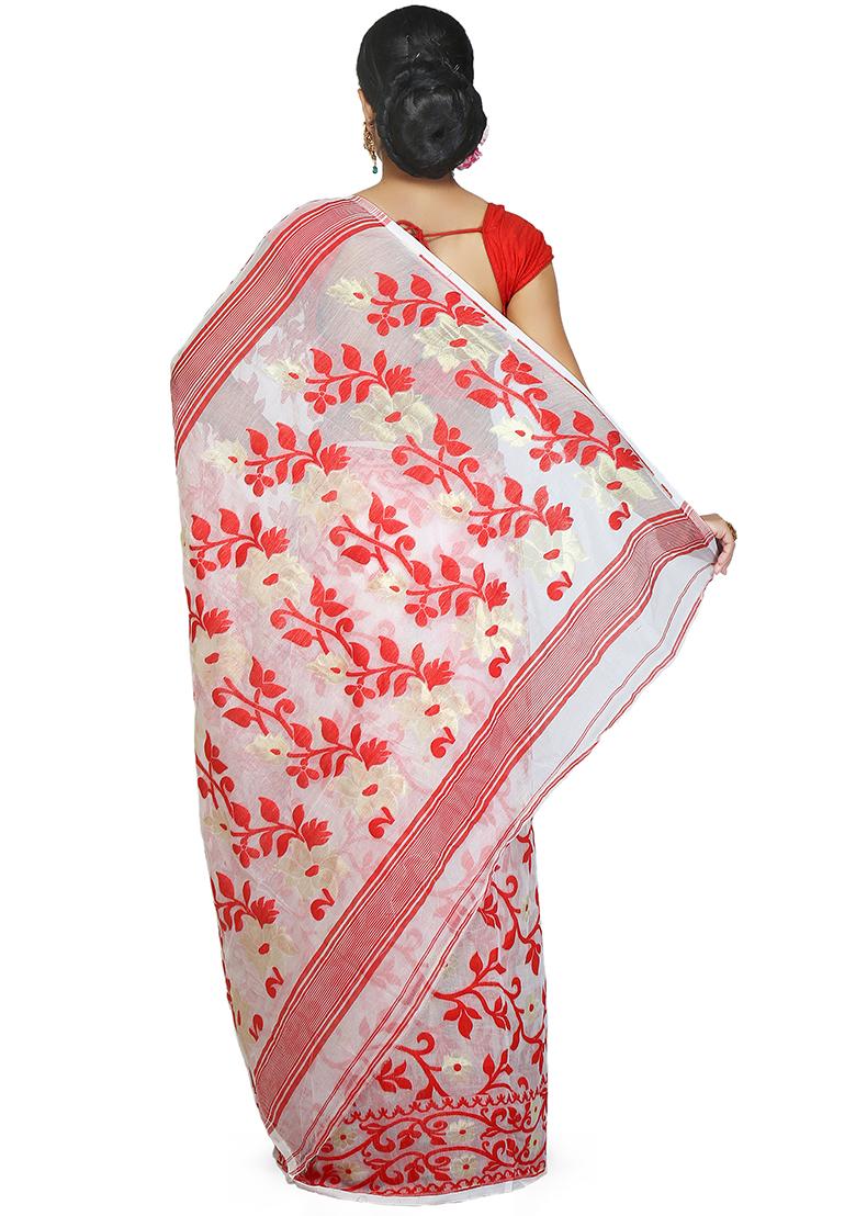 White Jamdani Art Silk Saree