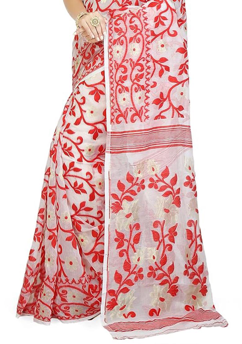 White Jamdani Art Silk Saree