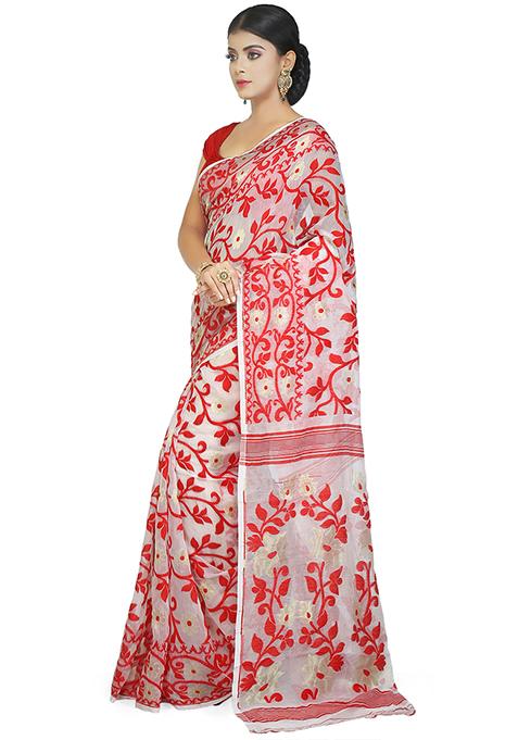 White Jamdani Art Silk Saree