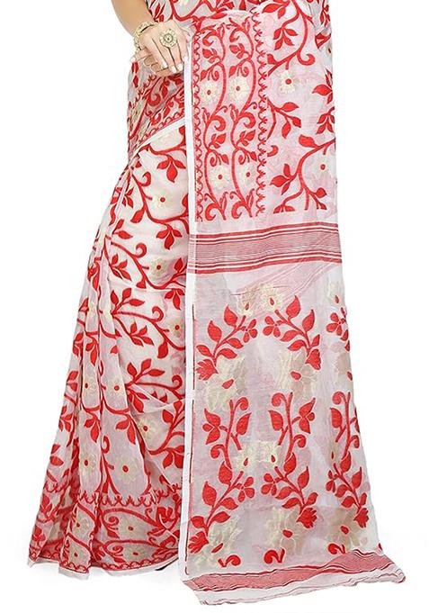 White Jamdani Art Silk Saree