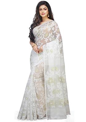 White Jamdani Art Silk Saree