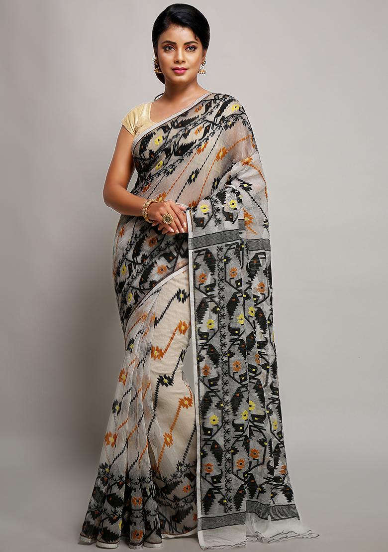 White Jamdani Art Silk Saree