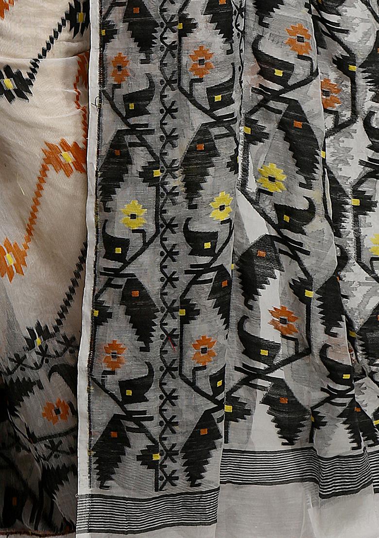 White Jamdani Art Silk Saree