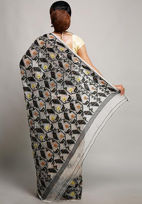 White Jamdani Art Silk Saree