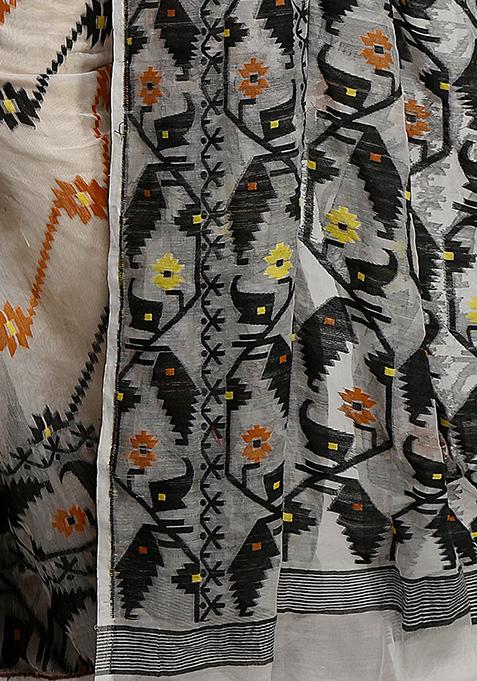 White Jamdani Art Silk Saree