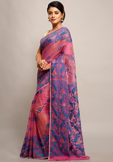 Pink Jamdani Art Silk Saree
