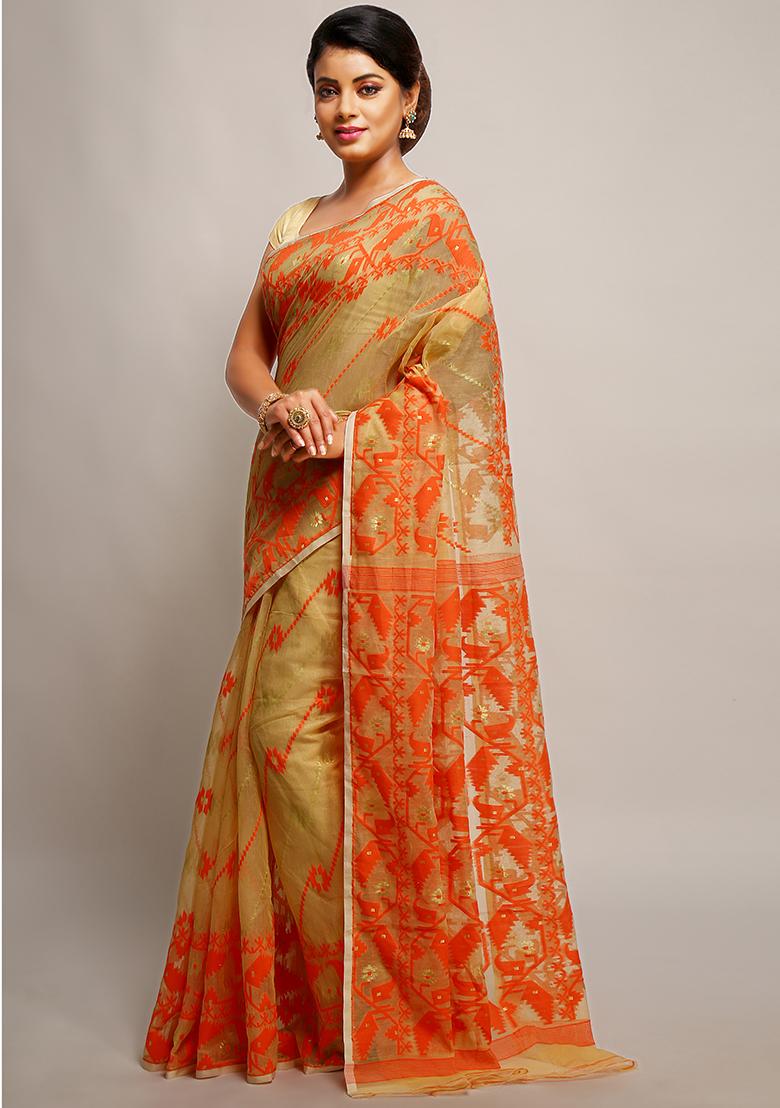 Beige Jamdani Art Silk Saree