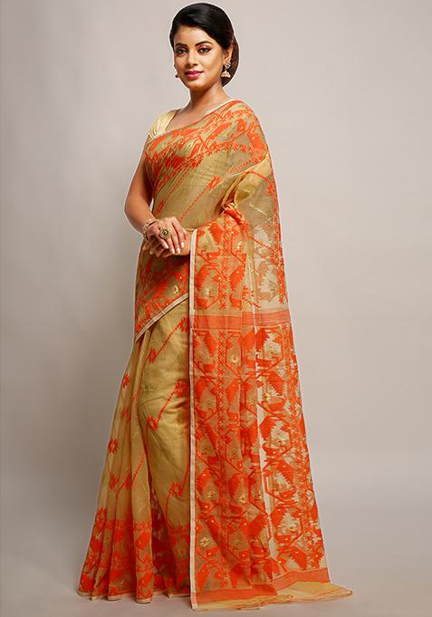 Beige Jamdani Art Silk Saree