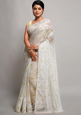 White Jamdani Art Silk Saree