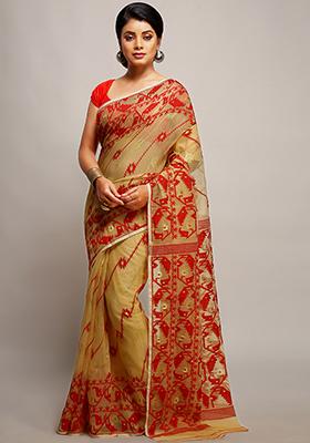 Beige Jamdani Art Silk Saree
