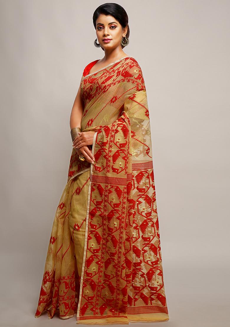 Beige Jamdani Art Silk Saree