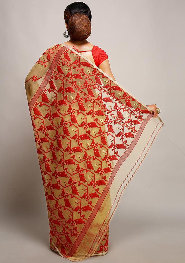 Beige Jamdani Art Silk Saree - Indya