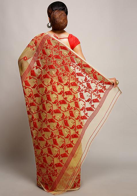 Beige Jamdani Art Silk Saree