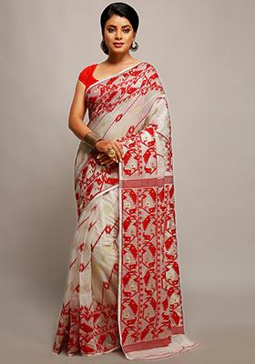 White Jamdani Art Silk Saree