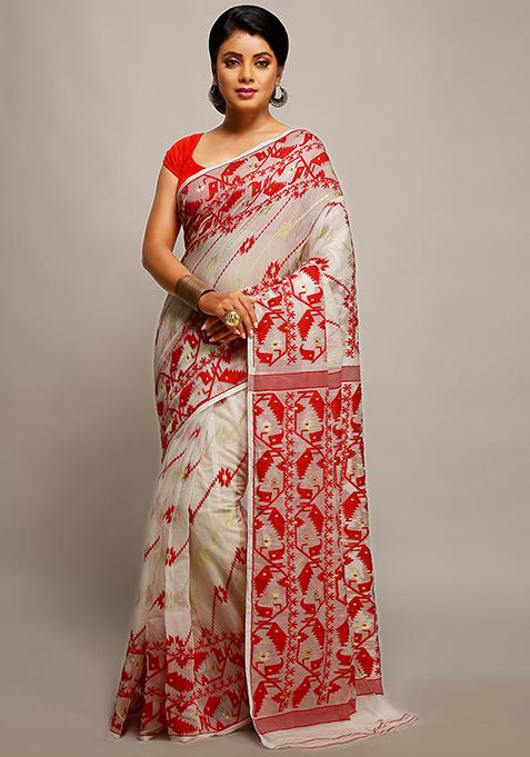 White Jamdani Art Silk Saree