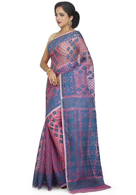 Pink Jamdani Art Silk Saree