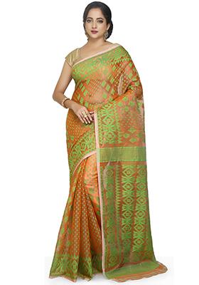 Orange Jamdani Art Silk Saree