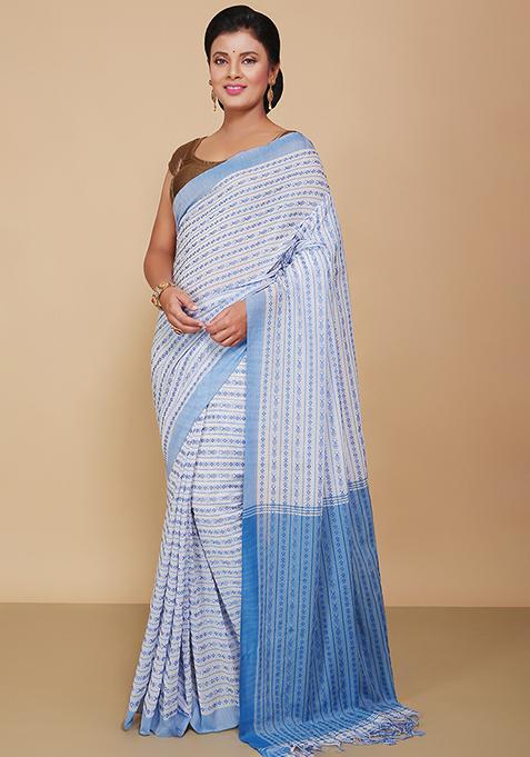 White Embroidered Art Silk Saree Set