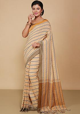 Beige Embroidered Art Silk Saree Set