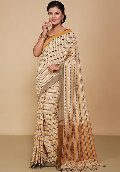 Beige Embroidered Art Silk Saree Set