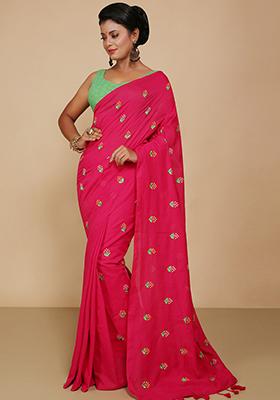 Pink Embroidered Art Silk Saree Set