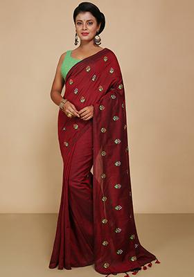 Maroon Embroidered Art Silk Saree Set