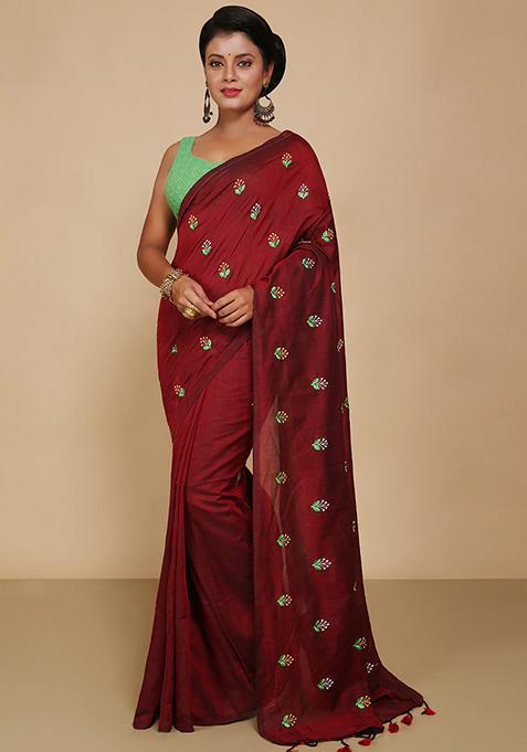 Maroon Embroidered Art Silk Saree Set