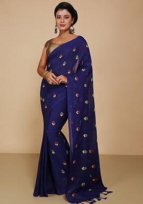 Blue Embroidered Art Silk Saree Set