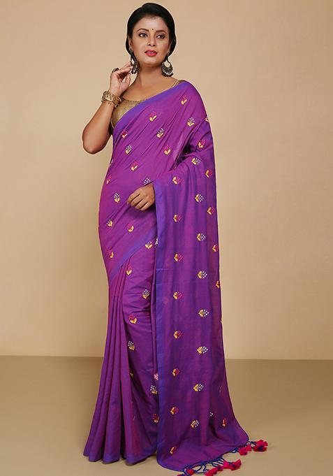 Violet Embroidered Art Silk Saree Set