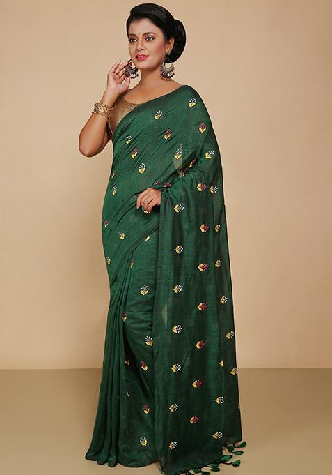 Green Embroidered Art Silk Saree Set