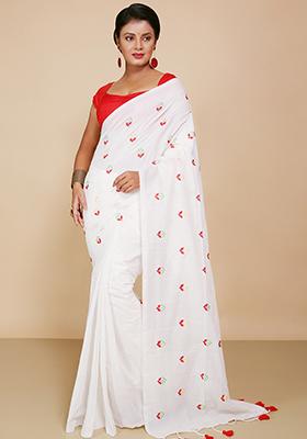 White Embroidered Art Silk Saree Set