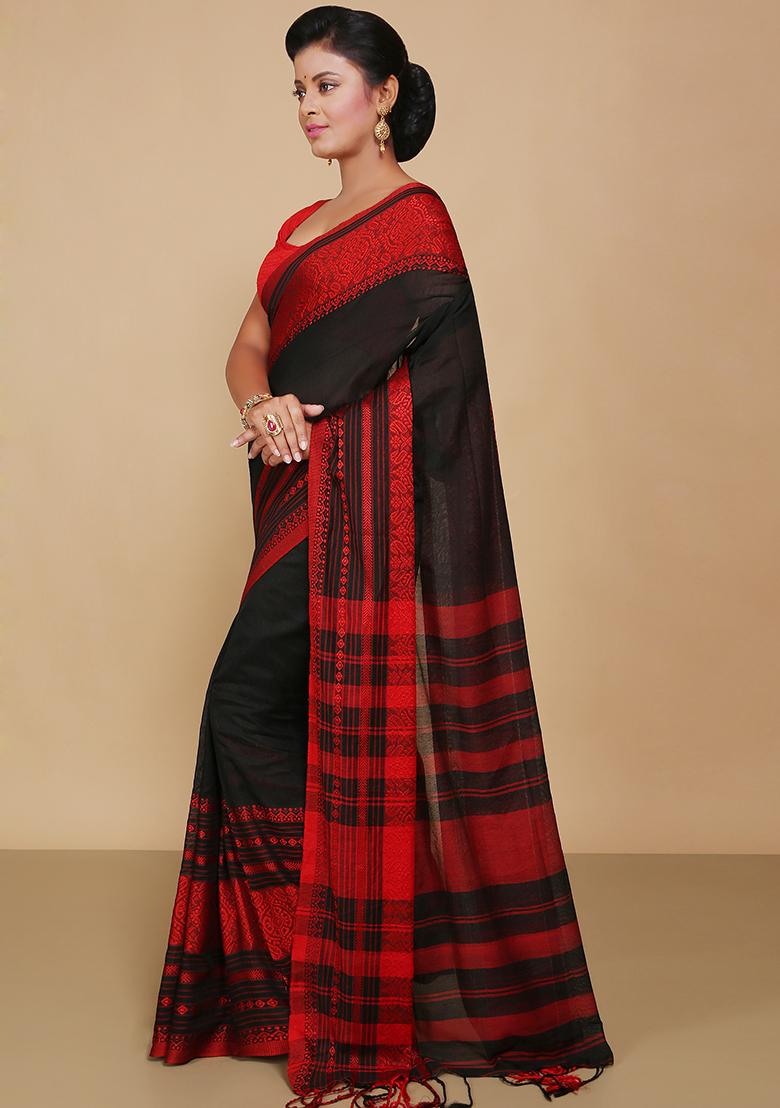 Black Embroidered Art Silk Saree Set - Indya