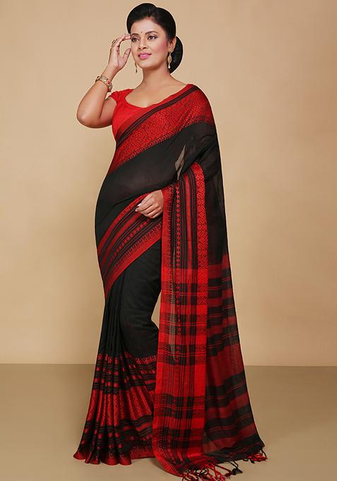 Black Embroidered Art Silk Saree Set