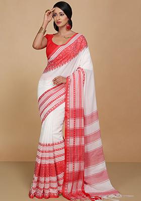 White Embroidered Art Silk Saree Set