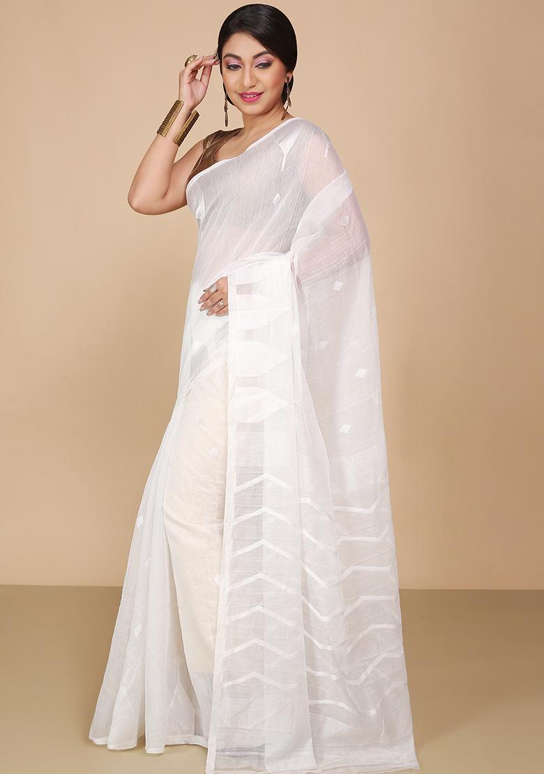 White Jamdani Art Silk Saree