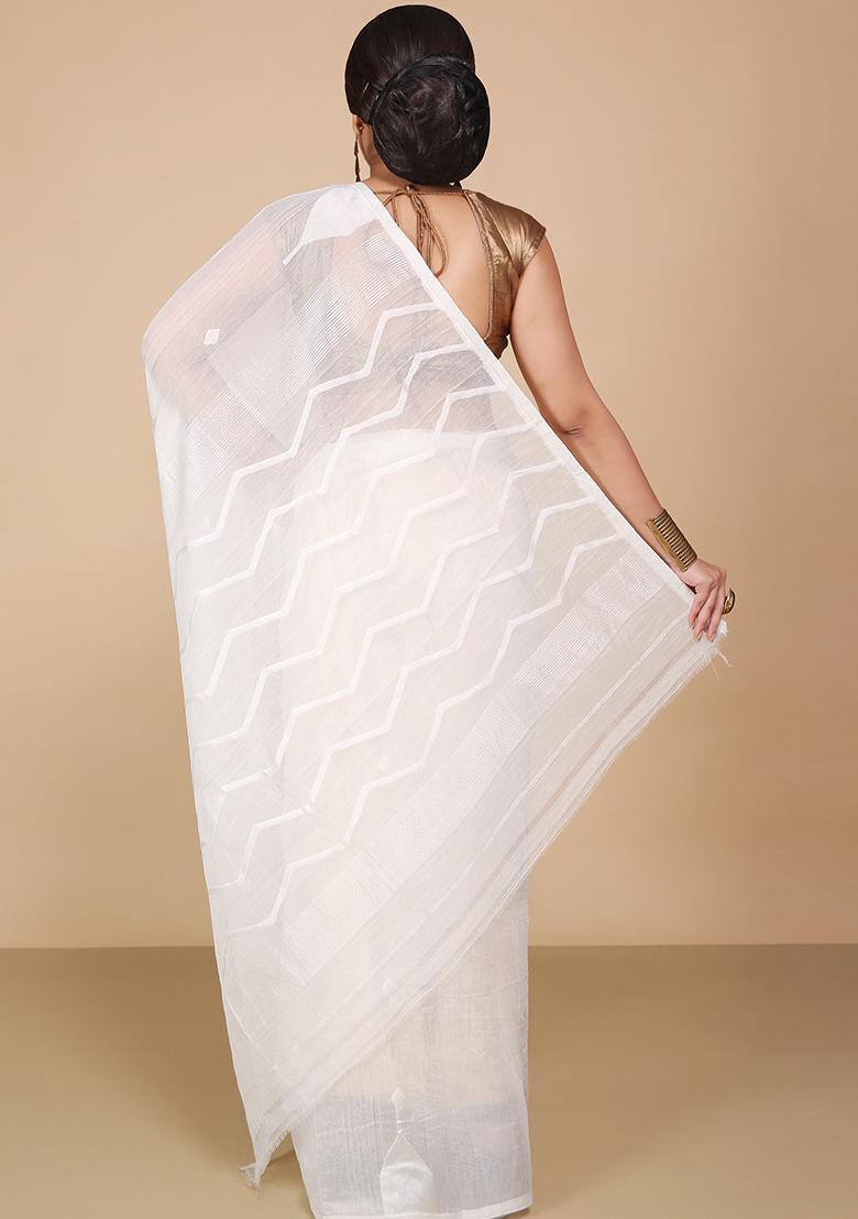 White Jamdani Art Silk Saree