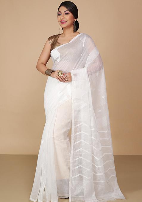 White Jamdani Art Silk Saree