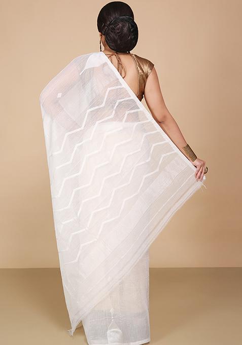 White Jamdani Art Silk Saree