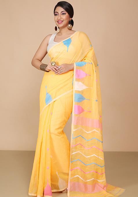 Yellow Jamdani Art Silk Saree