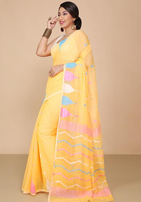 Yellow Jamdani Art Silk Saree